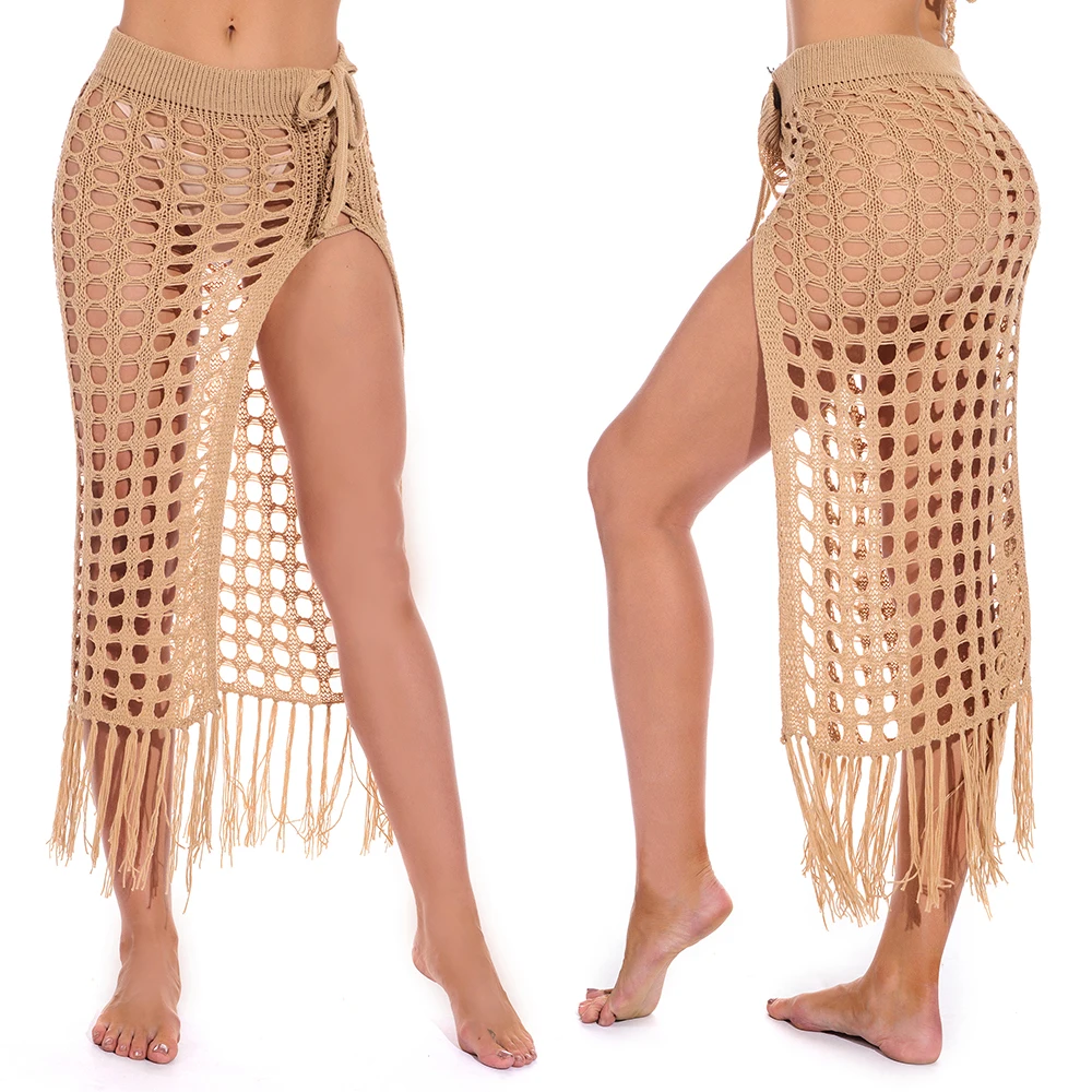 

Women Sexy Sheer Hollow Out Beach Maxi Knit Skirt Split Tassels Beachwear Summer Crochet Cover Up Skirts swim cover up