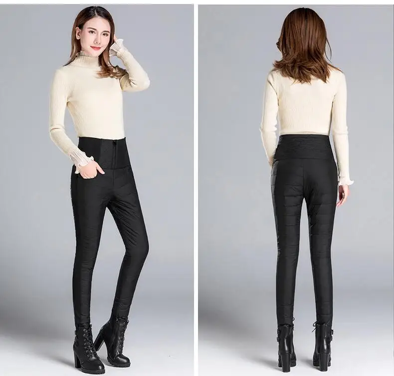 Зимние женские пуховые брюки с высокой талией обтягивающие теплые Рабочие