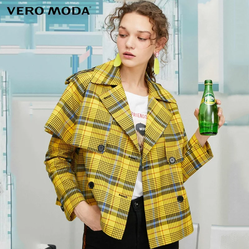 Vero Moda/зимнее двубортное пальто в клетку с отложным воротником и принтом |