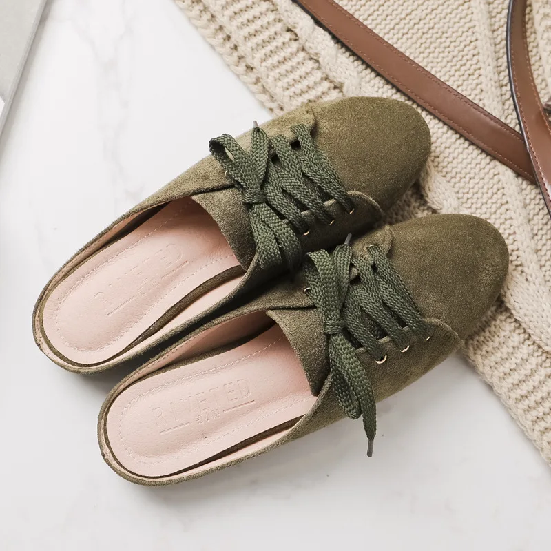 Мюли женские с круглым носком замшевые шлепанцы на шнуровке сланцы большие