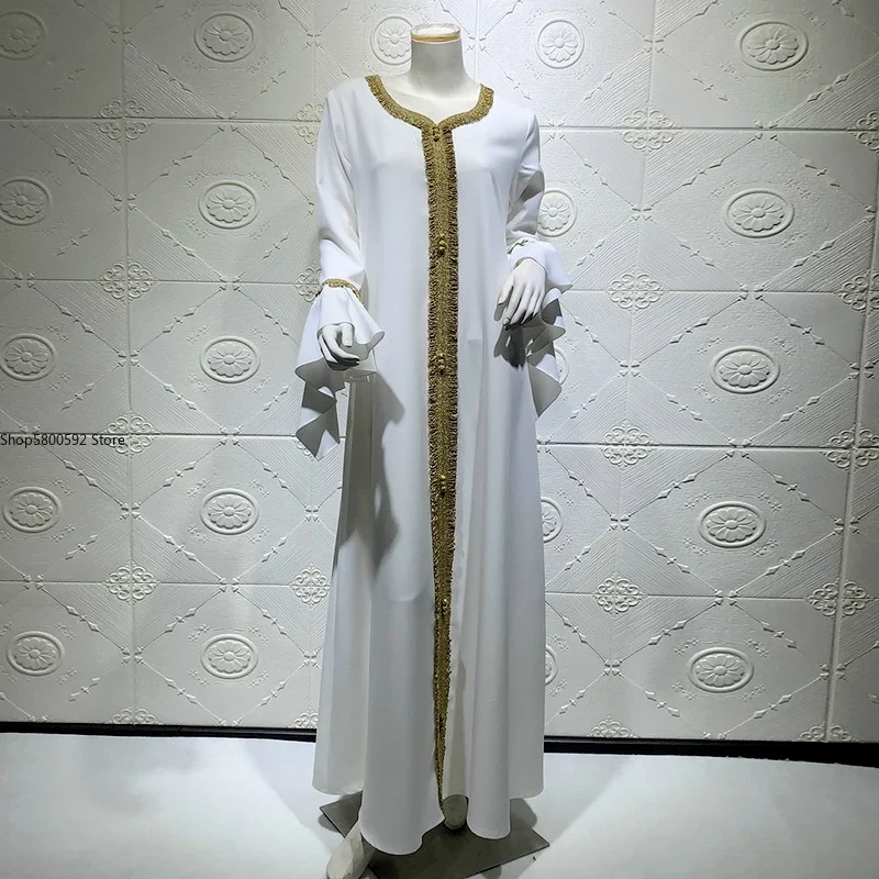 Muslim Fashion Ruffle Sleeve Jalabiya Eid 2021 Kaftan Dress Abayas For Women Dubai Moroccan Arabic Turkish Clothes Golden Lace