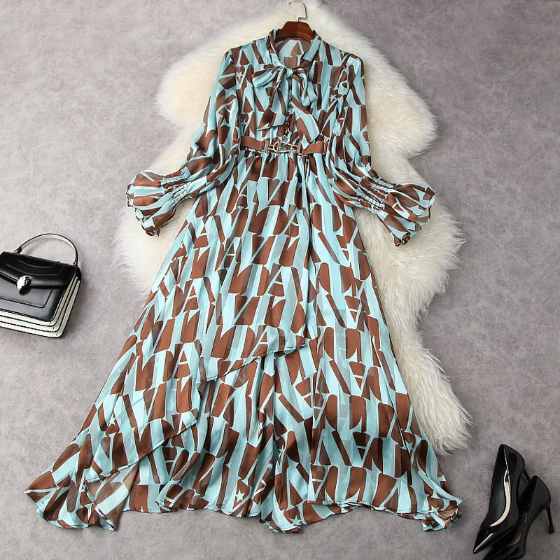 

Женское шифоновое длинное платье с геометрическим принтом, элегантное богемное платье с бантом на воротнике и расклешенными рукавами, весн...