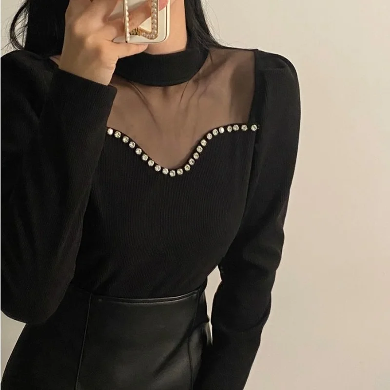 

Korea Chic Thickened Half High Neck Bottoming T-shirt Women's Autumn and Winter 2021 New Slim Mesh Stitching T-shirt