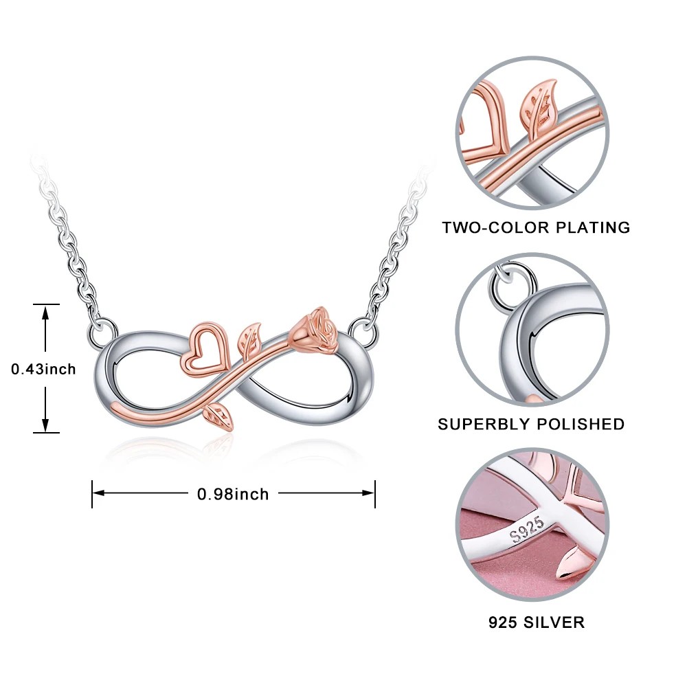 

925 Sterling Silver Rose Flower Infinity Love Pendant Rose Gold Heart Necklace Fashion Valentine Jewelry For Women Girlfriend
