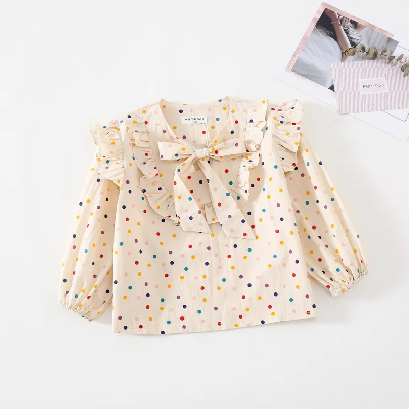 

Autumn New Arrival Korean style dot colorful pattern long sleeve all-match shirt with bowknot for cute sweet baby girls