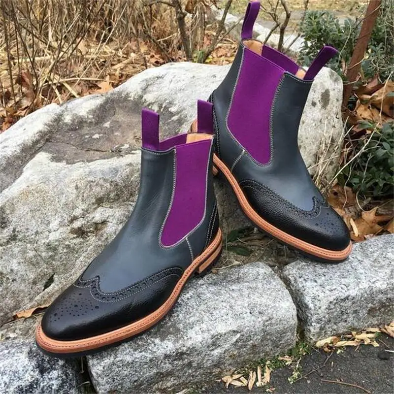 

2021 New Men Shoes Handmade Black PU Round Head Hollow Low-heeled Retro Fashion Business Dress Chelsea Short Boots ZZ385