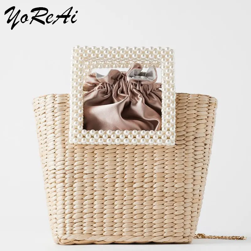 

YoReAi New Pearl Fashion Straw Bag Hand-Woven Shoulder Diagonal Bags Seaside Vacation Designer Handbag Famous Brand Lady 2022