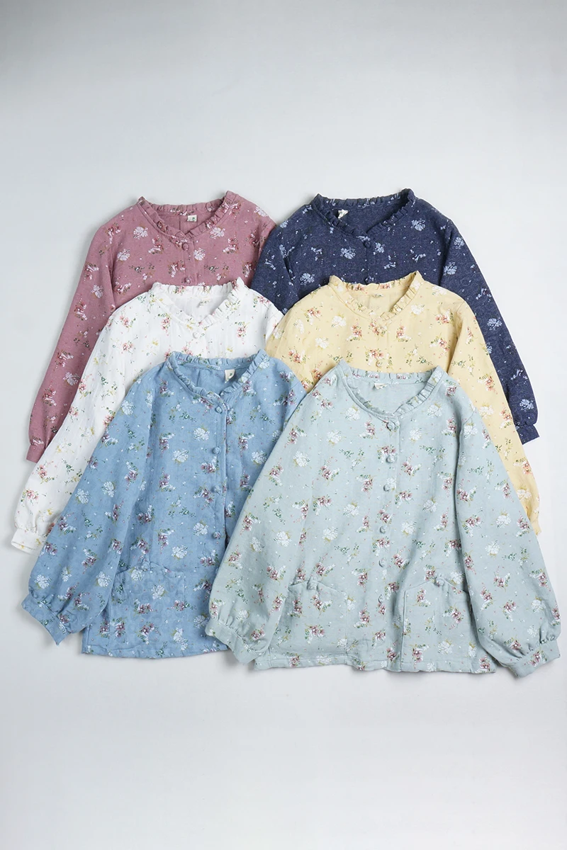 

Japanese Female Blouse Flower Lantern Long Sleeve Cotton Linen Coat Black Fungus Collar Button Printing Art Jacket Women