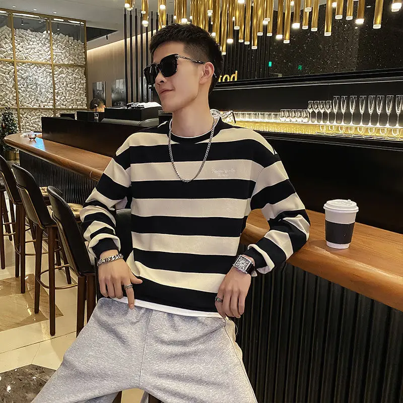 

Men Clothing Round Neck Men's Trend Loose Stripe Pullover Streetwear College Cotton The New Listing Fashion Movement