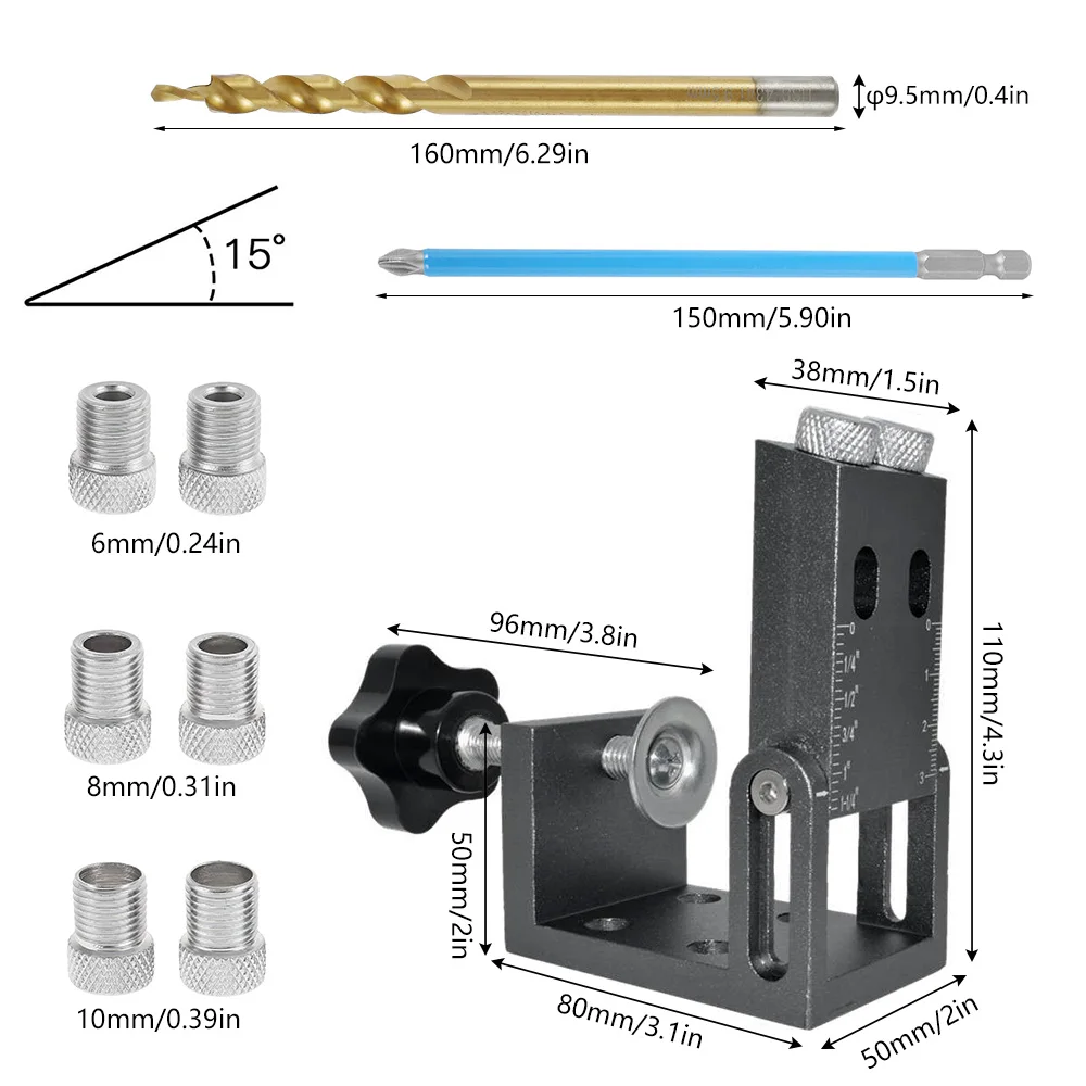 

Adjustable Oblique Hole Locator Aluminum Alloy Precise Positioning 15 Degree Angle Drill Guide Jig Set Woodworking Hole Holder