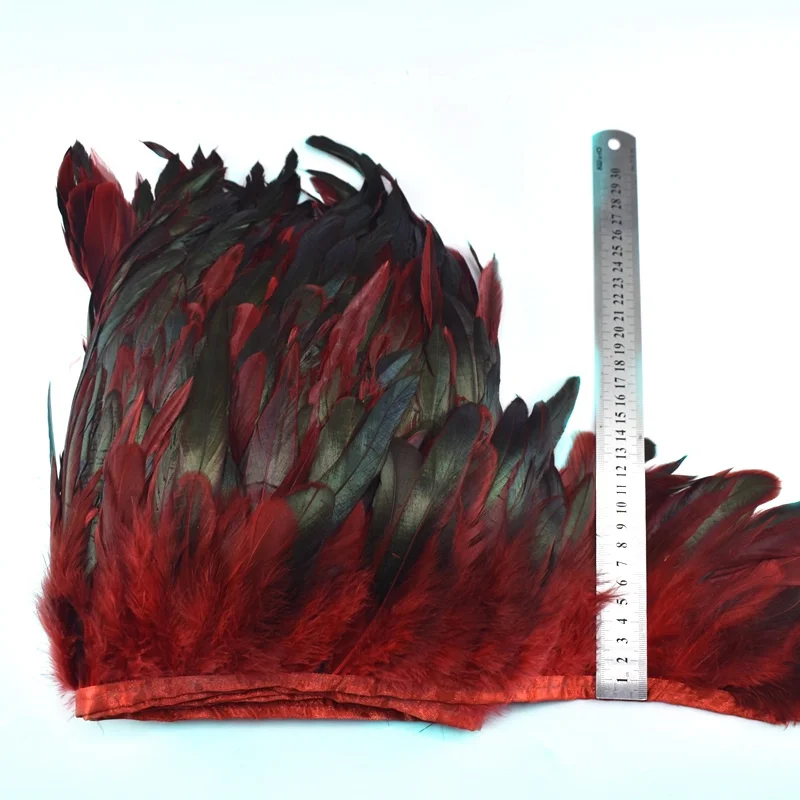 red 1 метр натуральный петух перья отделка бахрома для рукоделия plumas 13-18 см черные перья ленты DIY швейная одежда вечерние украшения - Цвет: red