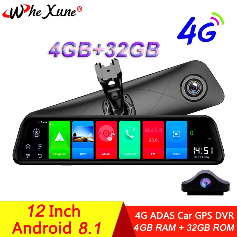 

WHEXUNE 4GB+32GB 12" 4G Car DVR Android 8.1 GPS Auto Registrar WiFi Full HD Rearview Mirror Dash Camera Driving Video Recorder