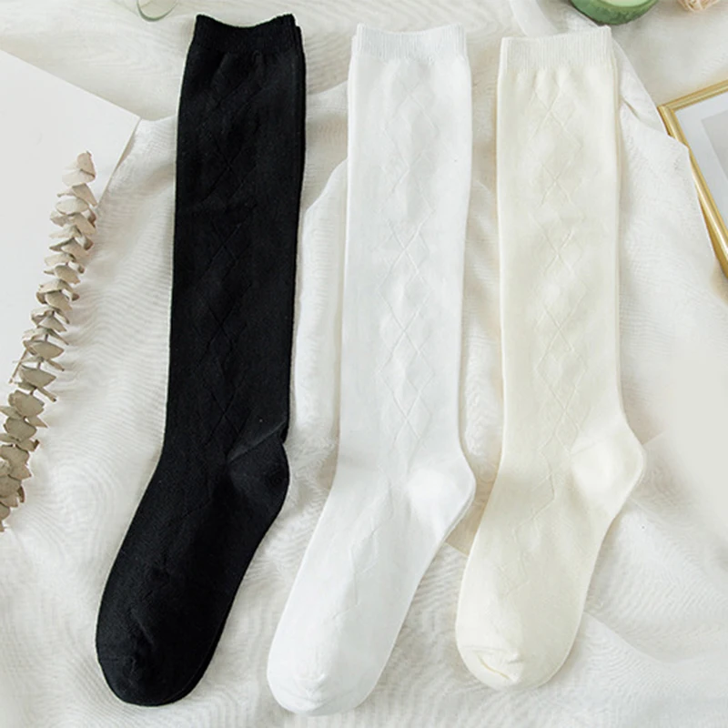 

College Style Rhomboid Knee High Socks Stockings Soft Women's Long Socks Japanese All-Match Elastic Female Socks Black White