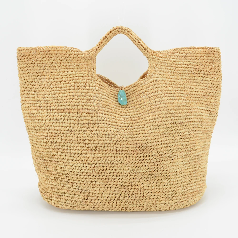 Sunday Morning Natural Raffia Handmade Crocheted Woven Large Straw Tote with Stone Closure and Inside Pocket