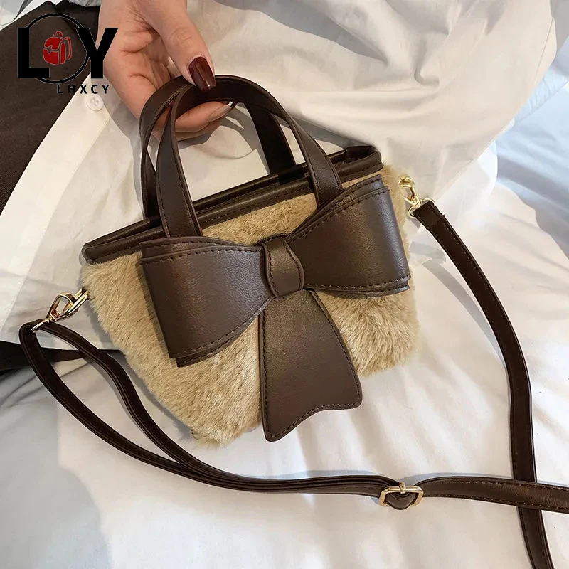 

Plush Leather Bow Bucket Rabbit Fur Shoulder Bag Crossbody Bags Designer For Luxury Handbags Women High Capacity Messenger Bags