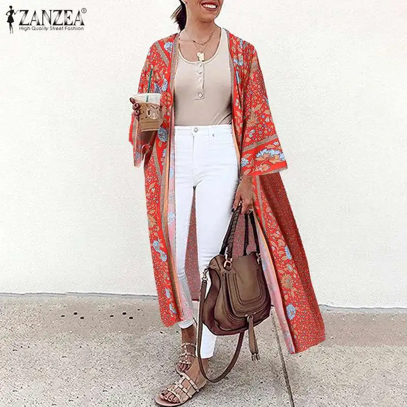 2022 ZANZEA Holiday Open Front Cardigan Floral Printed Kimono Woman Casual  Long Sleeve Cover Up Tops  Tunic Blouses