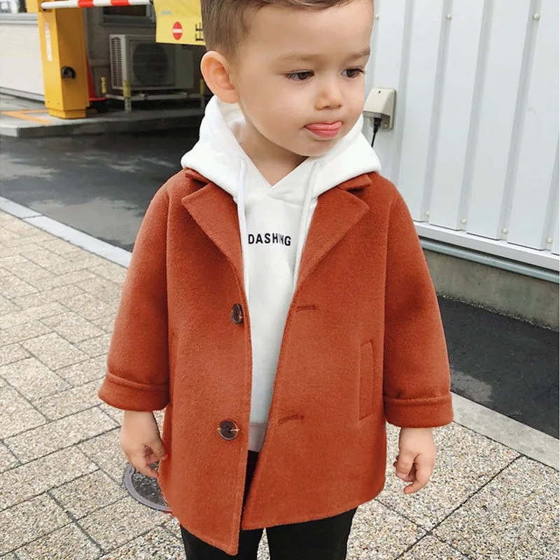 Caramel B Новые зимние куртки Однотонное шерстяное двубортное шерстяное пальто для мальчиков модная детская верхняя одежда с отворотом, пальто для мальчиков, ветровка для детей возрастом от 1 года до 5 лет - Цвет: Caramel B