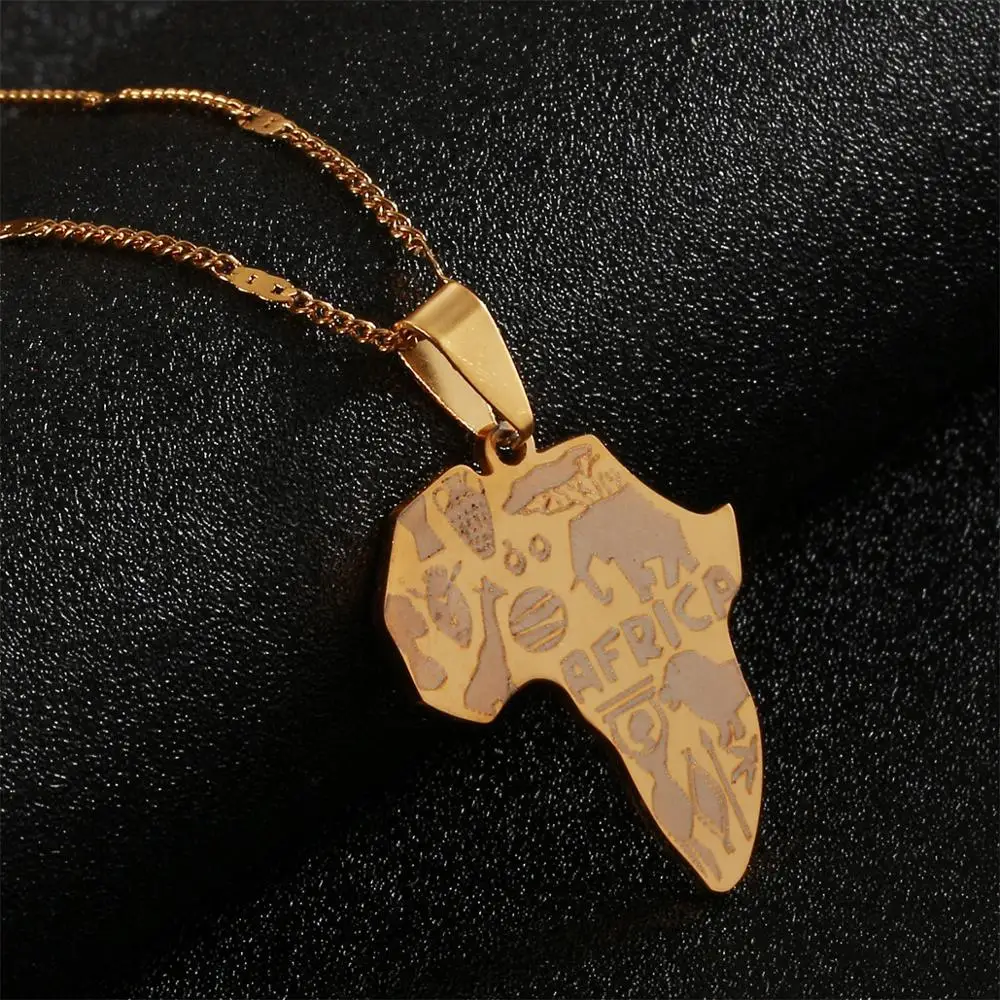 

Stainless Steel Africa Map Pendant Necklace Map of African Animal Pattern Jewelry