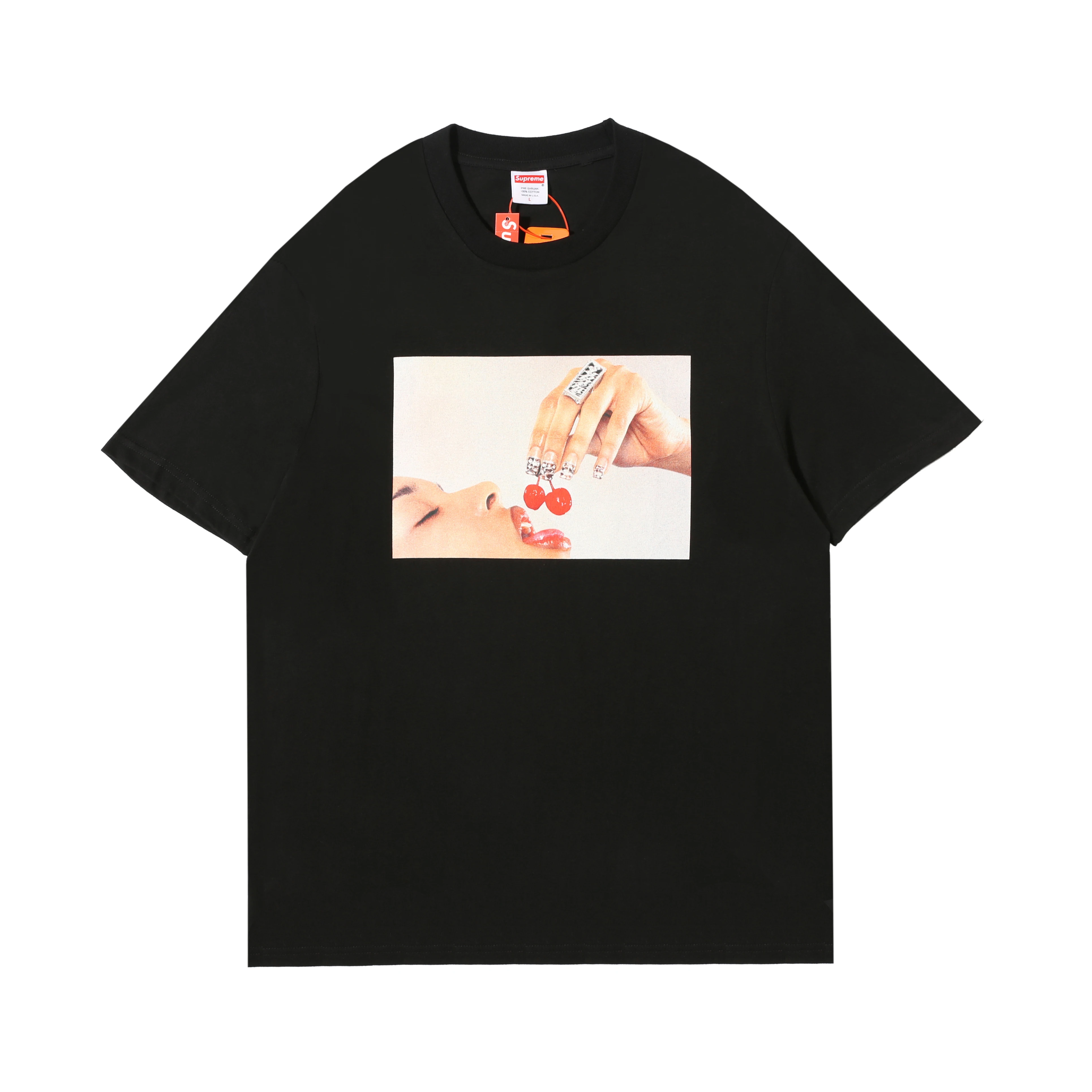 

20ss Supreme Cherries Eating Cherry Short-sleeved T-shirt Woman Lips Character Half-sleeved Bottoming Shirt Men and Women Tee