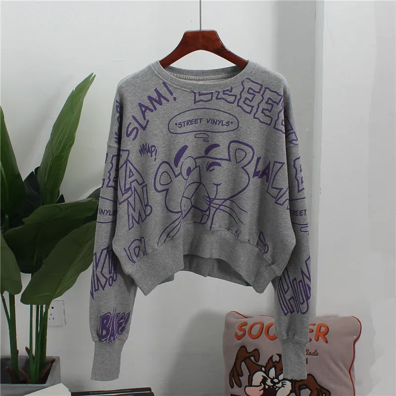 

2021 Spring Fall New Korean Plus Size Top Terry Cotton Washed Full Printed Short Cartoon Hoodie Round Neck Pullover Sweatshirt