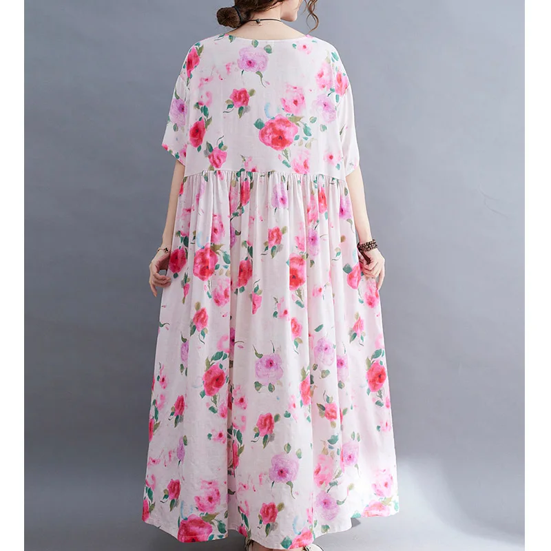 

New 2021 Summer Fashion Dress Women Sundress Vintage Loose Casual Printed Pink Cotton Dress Robe Female Large Size Linen Dresses