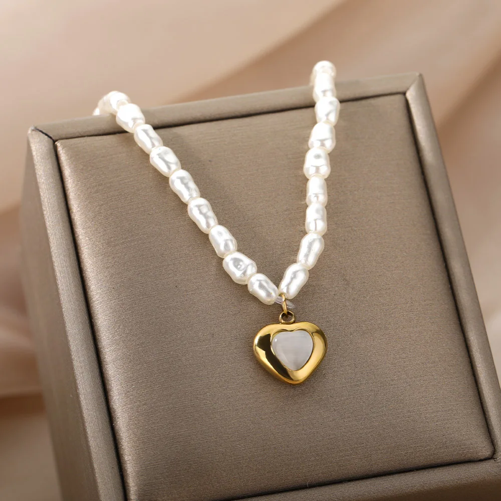 

Harajuku Baroque Pearl Heart Pendant Necklaces For Women Friends Stainless Steel Chain Zircon Heart Necklace Christmas Jewelry