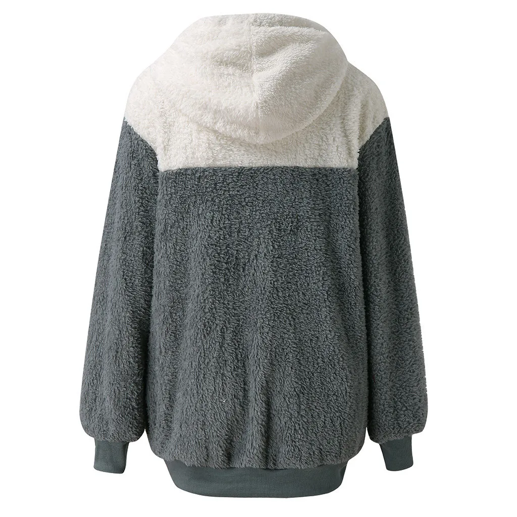 Women Hooded Sweatshirt Patchwork Winter Warm Wool Zipper Pockets Cotton Outwear Las Mujeres Sweetshirts Спортивный Костюм Женск