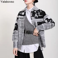 womens single breasted long sleeve sweaterfemale autumn winter 2020 newspaper letter printing loose and thin coat yalabovso