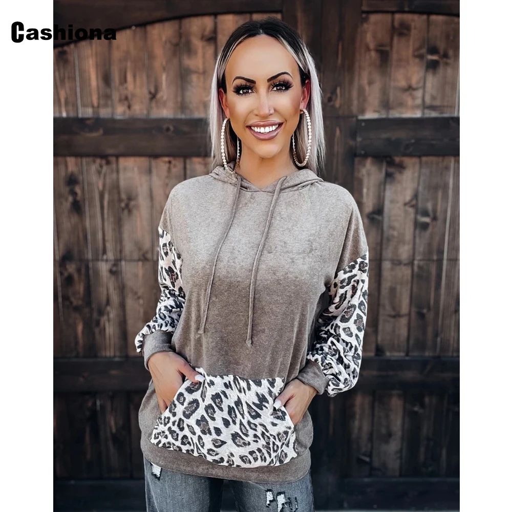

Cashiona Women Hooded Sweatshirts Loose Casual Spliced Leopard Print Top 2021 European Style Vintage Fashion shirts Clothing