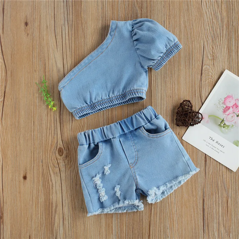

Summer Fashion Baby Girls Denim Clothes Sets Blue Denim One Shoulder Short Sleeve T Shirts Crop Tops Shorts Pants Children Sets