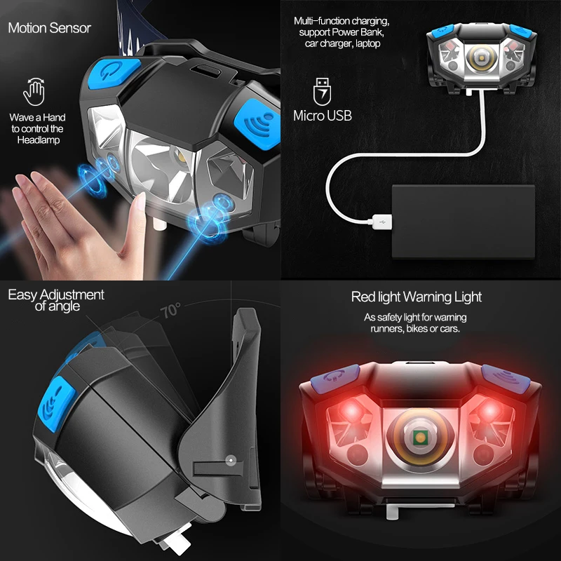Фонарь налобный светодиодный с датчиком движения 5000 лм | Лампы и освещение