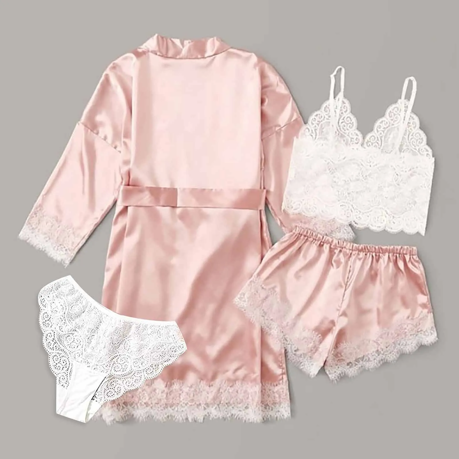 Женская шелковая атласная пижама из 4 предметов комплект сексуального нижнего