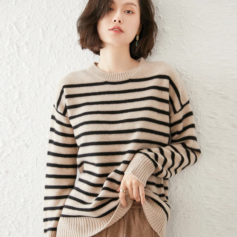

2021 woman winter 100% Cashmere sweaters knitted Pullovers jumper Warm Female O-neck blouse blue long sleeve Patchwork