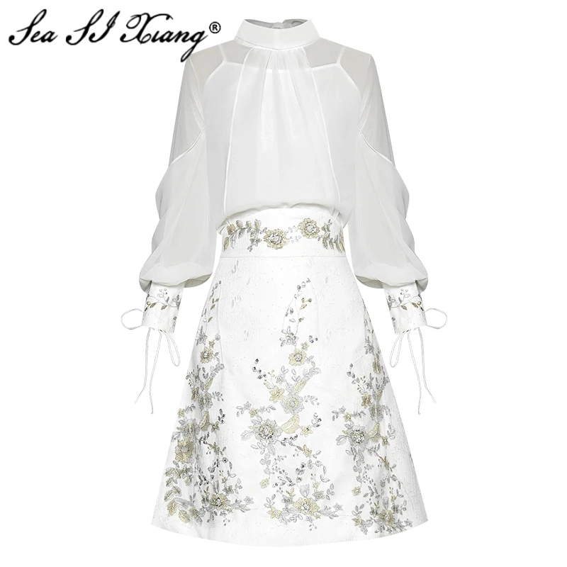 Seasixiang Fashion Designer Spring Set Women's Lantern Sleeve Embroidery Stand Collar Shirt Tops + Sequined Skirt Two-Piece Set