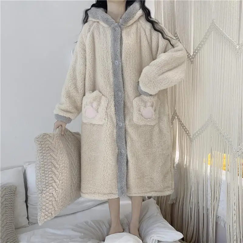 Pijamas Winter Ins Loose Thickened Warm Long Cute Hooded Pajamas Sleepwear Women Female Students Pajama Woman Robe Set nightgown