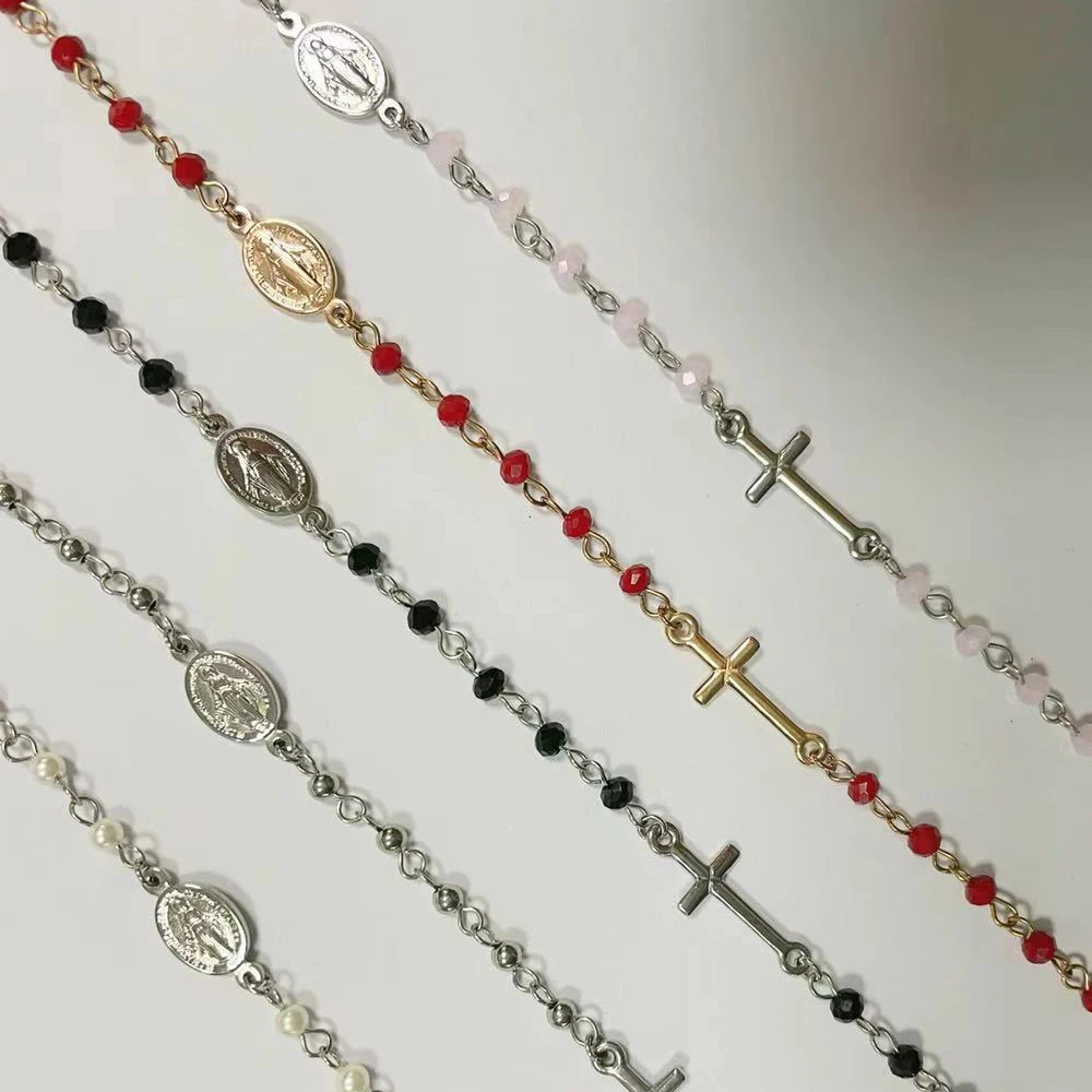 

Fashion Women Stainless Steel Chain Bracelets with Rosary Stone Bead for Girl's Cross Charms Jewelry Gold Christian Religious