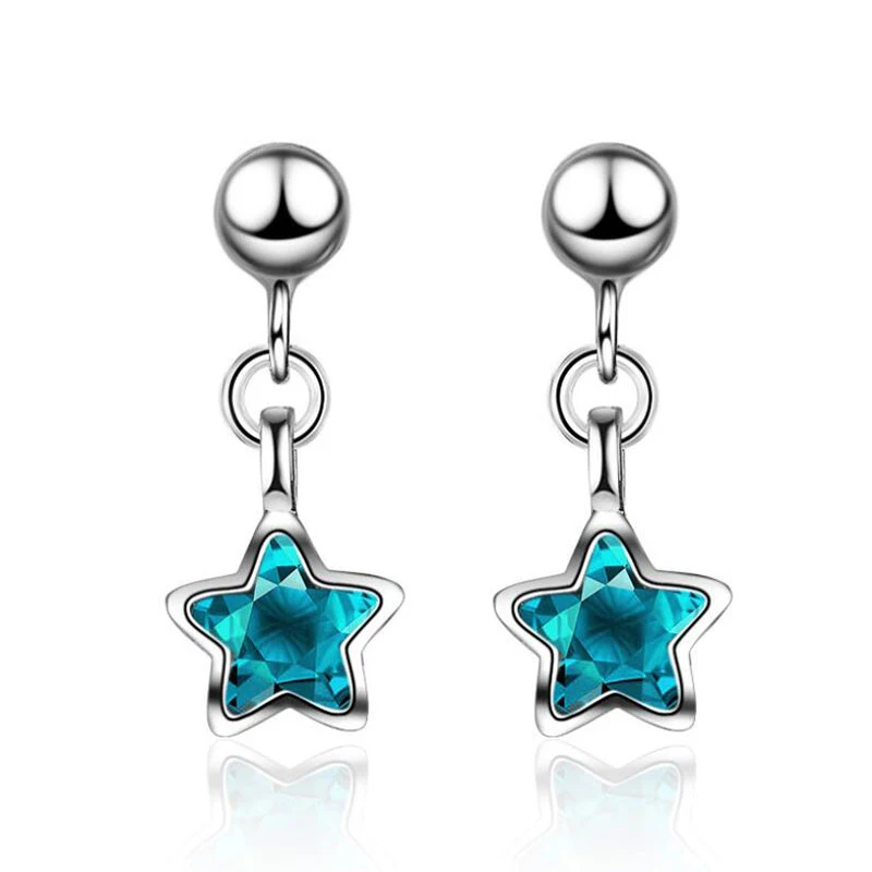 

POPACC 925 Sterling Silver Simple Fashion Ocean Blue Crystal Little Star Tassel Earrings For Women Jewelry Best Gift