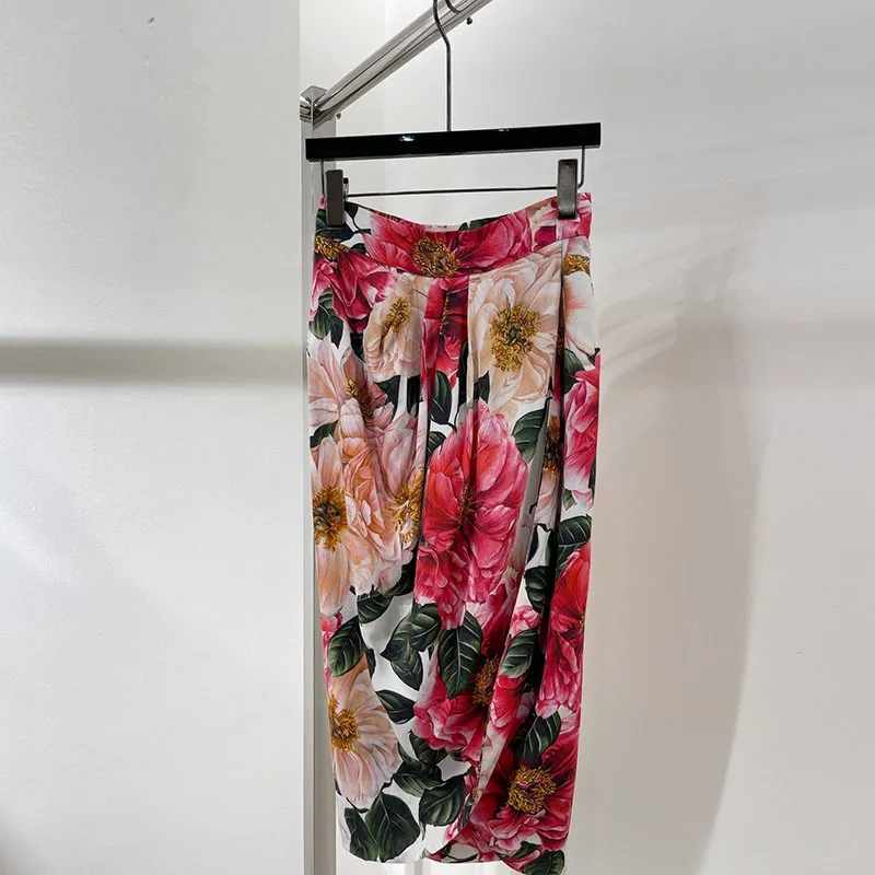 

Red Peony Flowers Print Top Quality Designer Skirts 2021 Spring Summer New Hot Sale Women Clothing