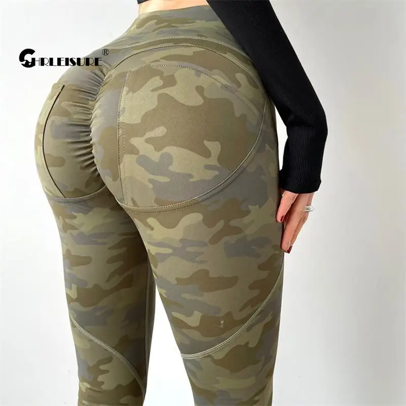 

CHRLEISURE Peach Hip Sport Leggings High Waist Hip Lift Camouflage Yoga Women's Pants Tight Breathable Quick Dry Gym Sportswear