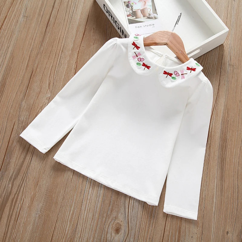 Cotton baby girls flower T Shirt Full Long Sleeve Girls T-Shirt Children Tops Tee kids turn-down Collar T-shirt | Мать и ребенок