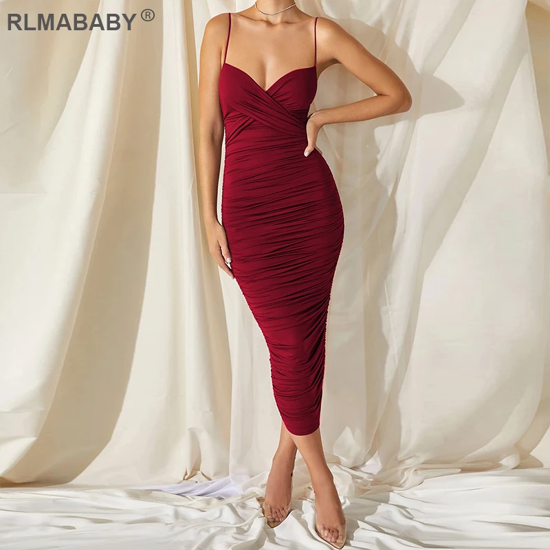 Sexy V Neck Bodycon Pleated Dress Slim Spaghetti Strap Sleeveless Backless Women Wrap Dress Classical Elegant Party Long Dress sexy jewel neck backless sleeveless black dress for women