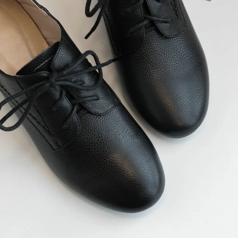 

5.5cm Heels Pumps for Women Genuine Leather Shoes Lace-up Round Toe Black Casual Pumps Szie 41 42 43