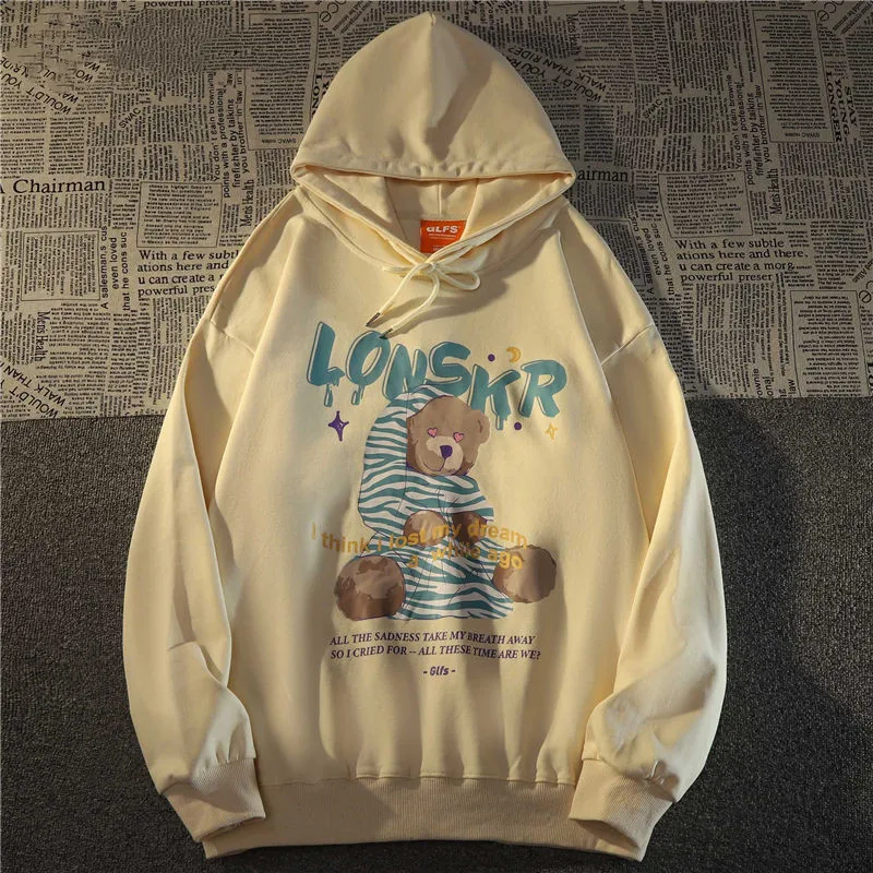 

American Vintage Bear Printing Oversized Hoodies Women New Ins Loose Boyfriend Streetwear Casual Sweatshirt Female Thin Spring