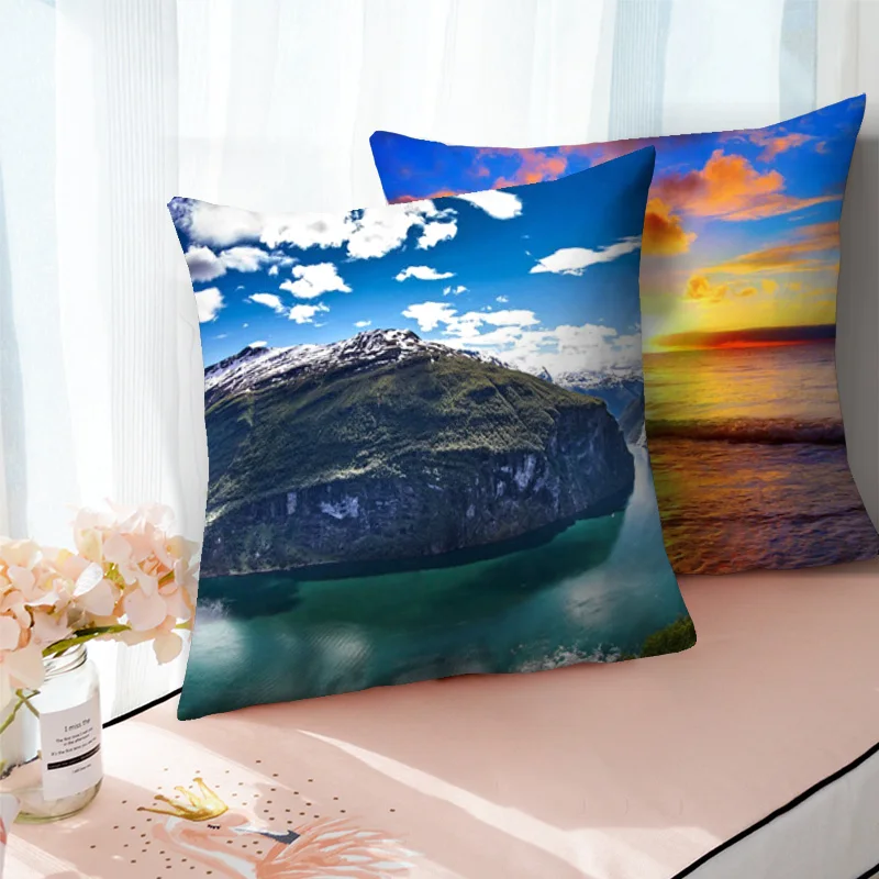 

Fuwatacchi Scenic Cushion Cover Sunrise Sunset Waterfall Seaside Pillow Cover Decor Home Sofa Car Chair Decorative Pillowcases