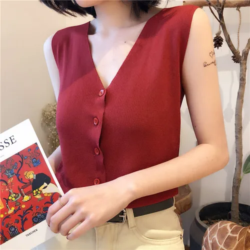 dark red Woherb, летняя повседневная трикотажная майка, женский топ,, корейский стиль, v-образный вырез, без рукавов, жилет, сексуальный Modis, однобортный топ, Femme 21616 - Цвет: dark red