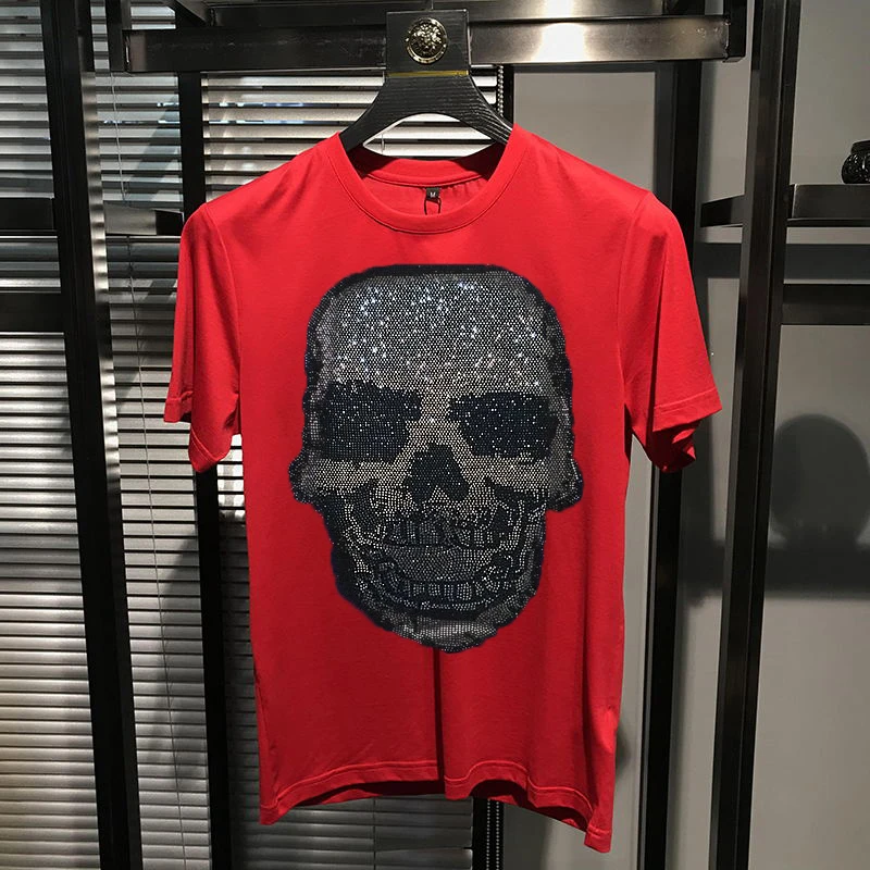 

Summer Harajuku Casual Men's Fashion Young T-Shirt Hot Rhinestone Oversized Skull HD Pattern Hip Hop Short Sleeve
