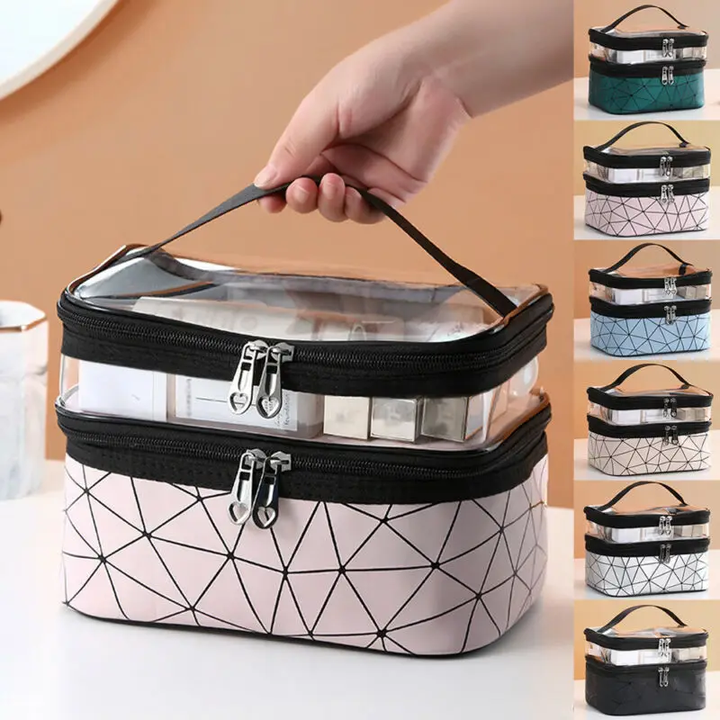 

Fashion Women See Through Diamond Lattice Double Layer Travel Cosmetic Makeup Bags Toiletry Case Pouch Wash Storage Bags Box