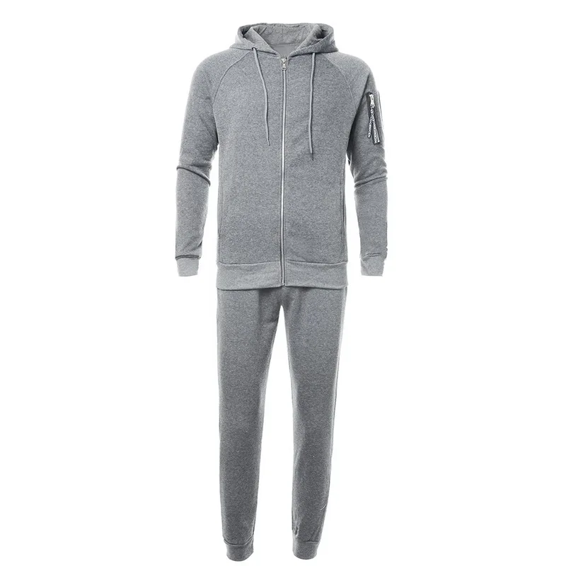 light gray Модная спортивная одежда из 2 предметов, мужской Камуфляжный спортивный костюм на молнии, однотонный,, Survetement Homme, Спортивная толстовка с капюшоном, куртка+ спортивные штаны, комплекты костюмов - Цвет: light gray