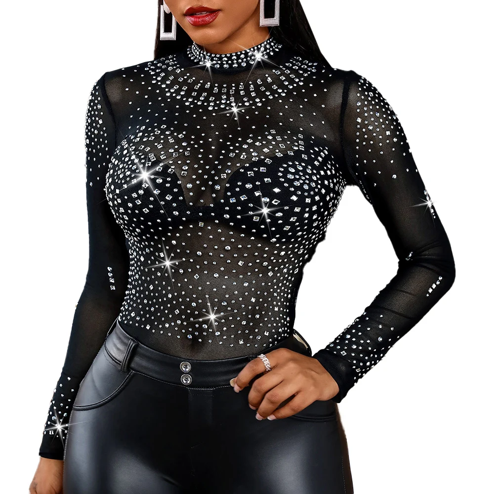 

Женское сексуальное боди, комбинезон для женщин, осень-весна, полностью Черное Женское боди с блестками, комбинезон с длинным рукавом, женск...