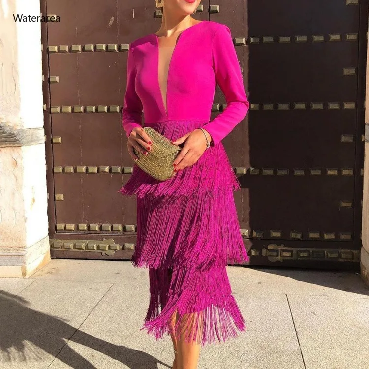 Новинка весны 2019 женское однотонное платье с длинным рукавом и глубоким V